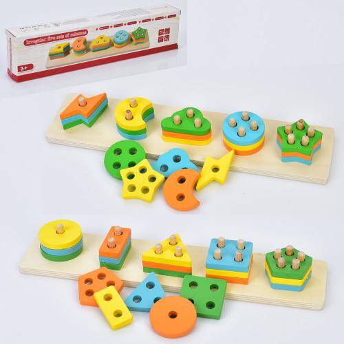 Дерев'яна іграшка геометрика 20дет, платформа 34,5*8,5см, 2 види, в кор. 36*9*5см 