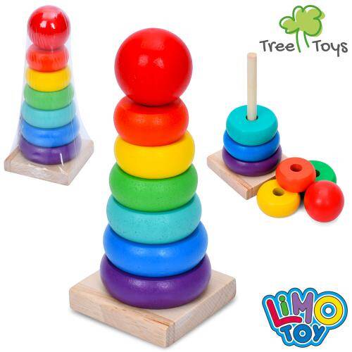 Дерев'яна іграшка пірамідка 14см, кільця 6шт LIMO TOY, пак. 6*14*6см 