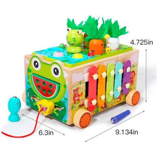 Дерев'яна іграшка Центр розвиваючий навчальний, каталка на шнурі, 22*19*16см, ксилофон 5 тонів), риболовлямагнитна, вудка, рибки, гусениці), город/морква, лабіринт на дроті, годинник, шнурівка, в кор. 24*17*13см 