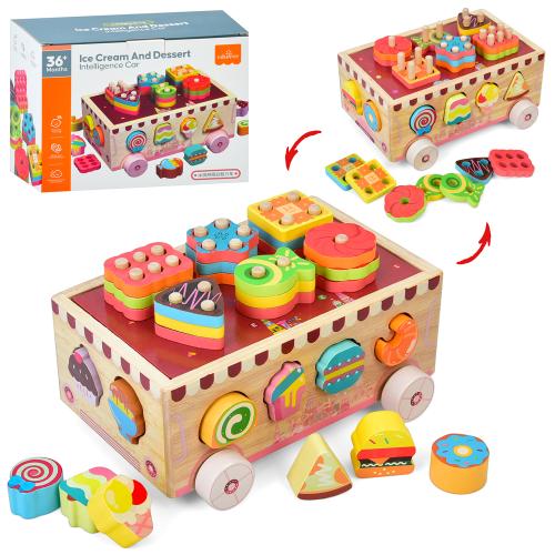Дерев'яна іграшка центр розвиваючий машина 21,5*16*11,5см, сортер, фігури солодощі), геометрика 18дет), в кор. 22,5*16,5*9,5см 