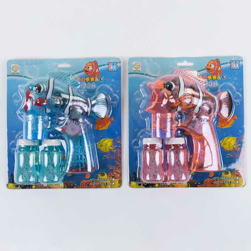 Пістолет з мильними бульбашками HT 011 B (72/2) 2 види, світло, звук, на батарейці, 1шт на листі