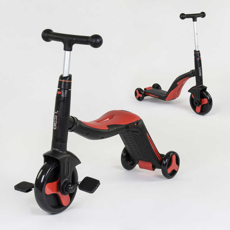 Самокат 3в1 JT 28288 (1) Best Scooter, самокат-велобіг-велосипед, ЧЕРВОНИЙ, світло, 8 мелодій, колеса PU, переднє колесо d = 20см, задні d = 11см