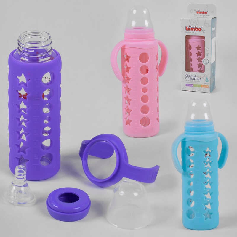 гр Пляшка скляна 15798 (48) з силіконовою соскою, "BIMBO", 240 мл, 3 кольори, 1шт в коробці