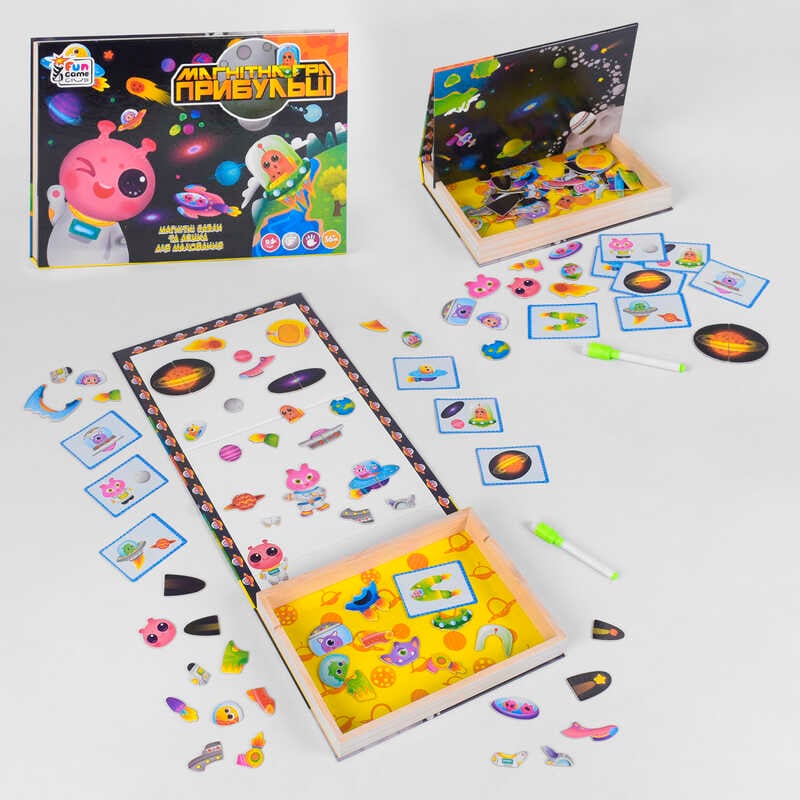 гр Дерев'яна гра 18094 "Космічні прибульці" (12) "4FUN Game Club Wood", 68 елементів, пазли, маркер, магнітна дошка, українською мовою, в коробці