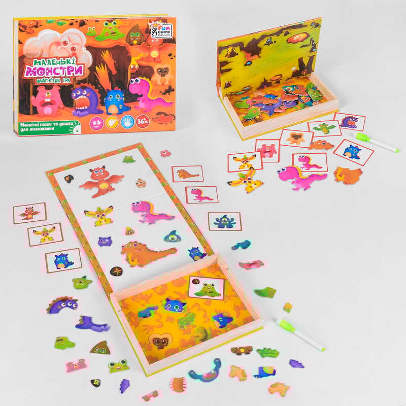 гр Дерев'яна гра 17037 "Маленькі монстри" (12) "4FUN Game Club Wood", 68 елементів, пазли, маркер, магнітна дошка, на укр. мовою, в коробці