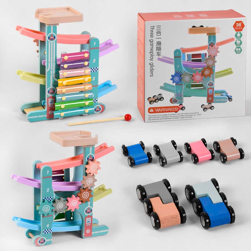 Трек C 44894 (20) дерево-пластик, 4 поверхи, 6 машинок, ксилофон, в коробці