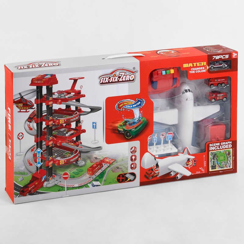 Трек 660 А-301 (10/2) 5 поверхів, 2 машинки, 1 машинка змінює колір, літак, автоматичний підіймач, світло, звук, аксесуари, в коробці