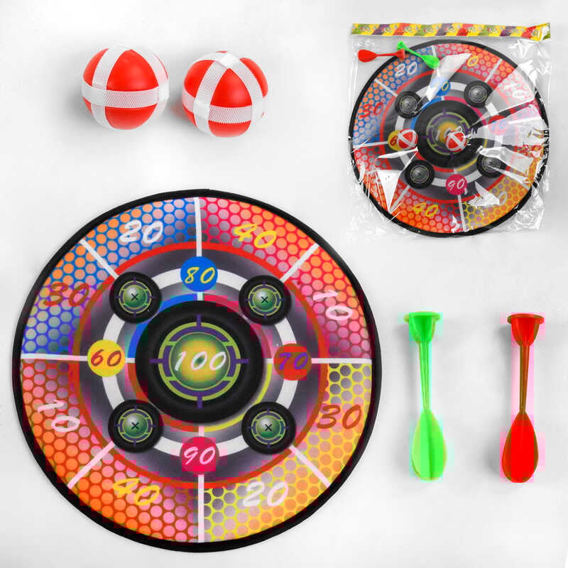 Дартс на липучках 999-5 (180/2) односторонній, діаметр 35.5см, 2 дротики, 2 кульки, гачок для підвішування, в пакеті