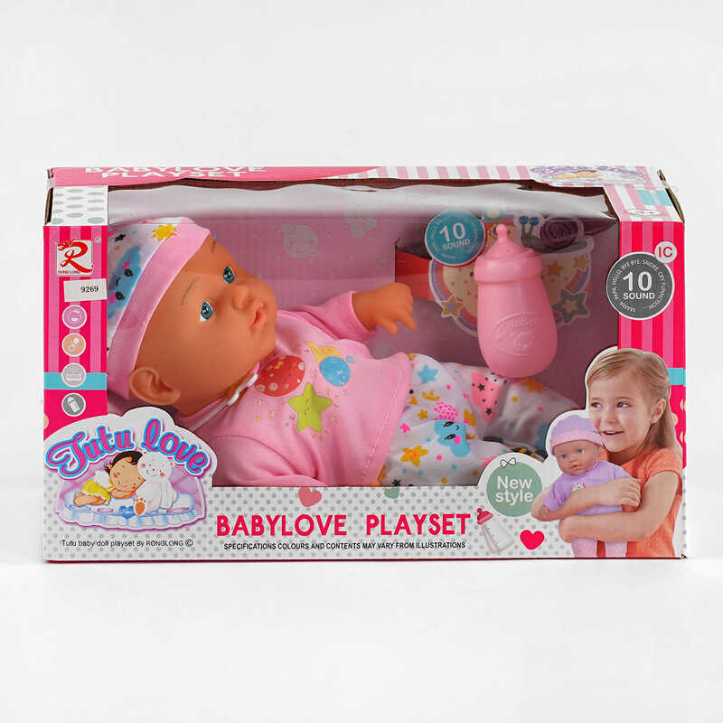 Пупс 9269 (36) м`якотілий, музичний чіп, 10 звукових ефектів, пляшечка, у коробці