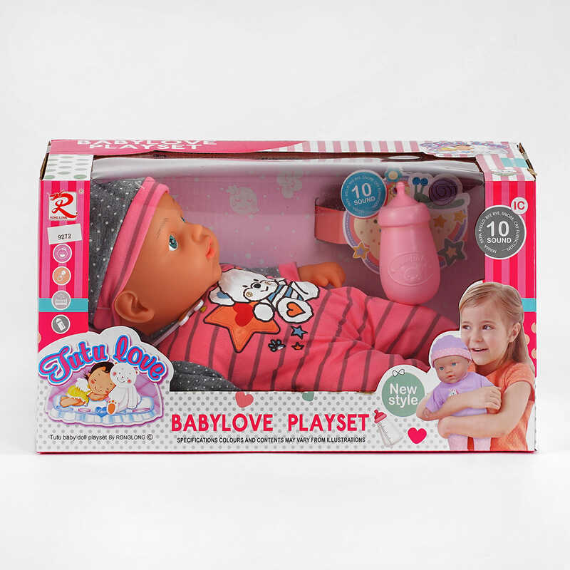 Пупс 9272 (36) м`якотілий, музичний чіп, 10 звукових ефектів, пляшечка, у коробці