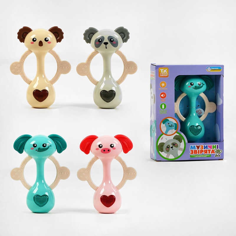 Брязкальце на батарейках “Музичні звірята” TK - 51625 (96) "TK Group", 4 кольори, ОЗВУЧУВАННЯ УКРАЇНСЬКОЮ МОВОЮ, пісні, підсвічування, в коробці, МІКС