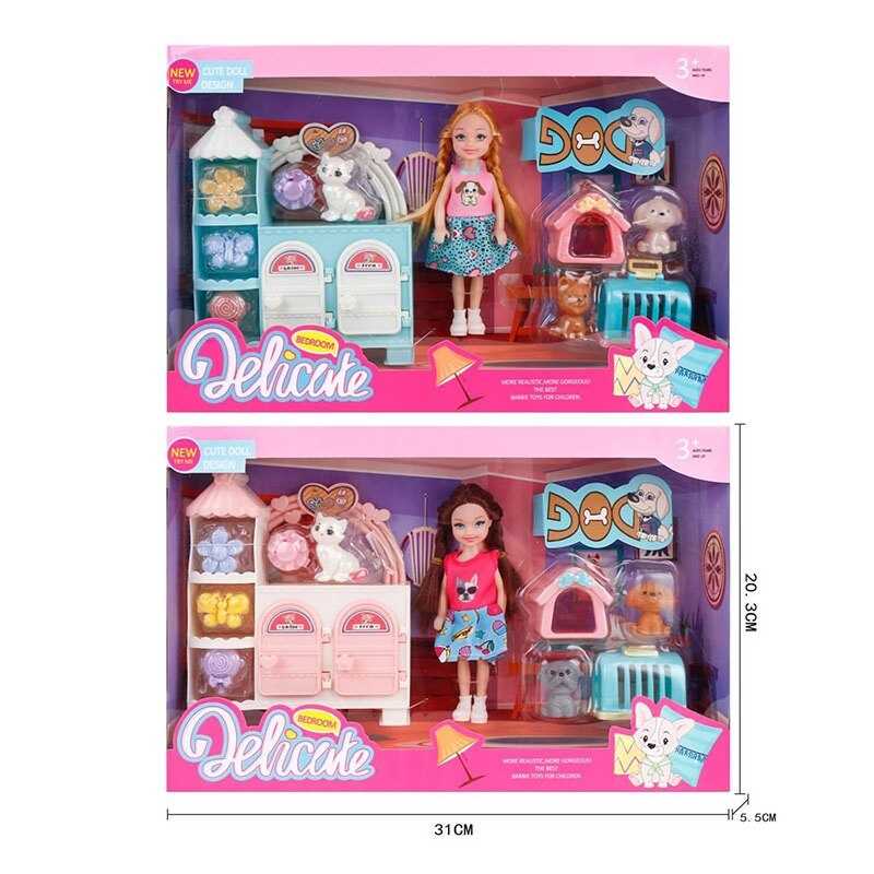 Лялька з меблями 9910 (96/2) 2 види, висота ляльки 14см, рухливі кінцівки, 3 улюбленці, дверця шафи відчиняються, будка, переноска, в коробці