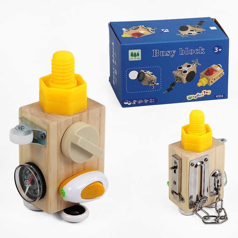 Логічна гра-бізіборд С 61672 (36) дерев’яний куб, 9 міні-ігор, в коробці