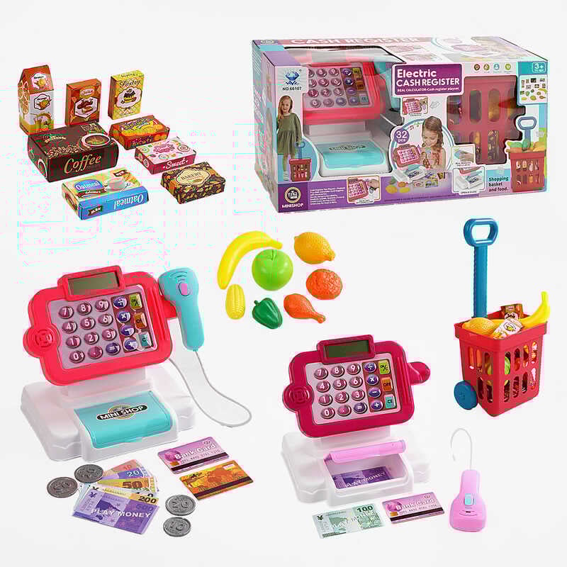 Касовий апарат 66107 (18) 2 кольори, 32 елементи, калькулятор, звук, підсвічування, імітація розрахунку карткою, купюри, кошик з продуктами, в коробці