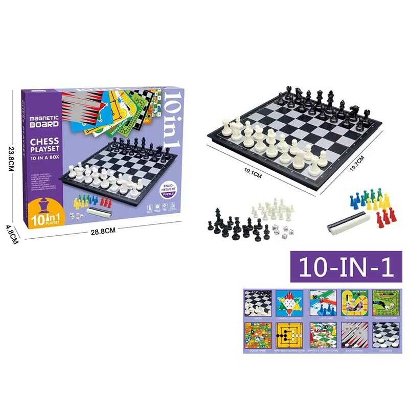 Гра 2012 A (36/2) 10 в 1, шахи, шашки, лудо, дев`ять людей морріса, автоперегони, змії та драбини, нарди, в коробці