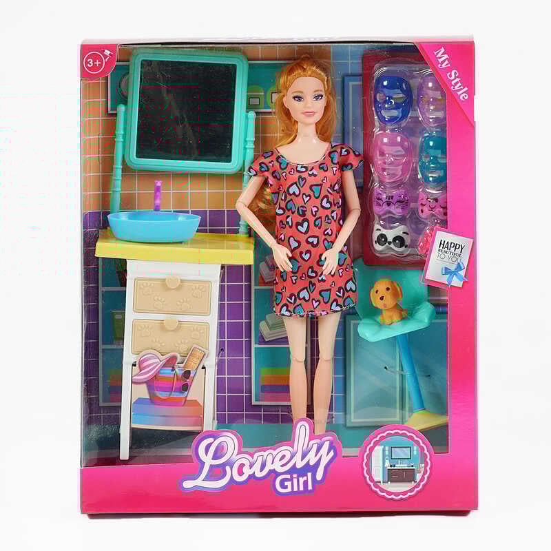 Лялька 785 C (48/2) умивальник з тумбою, стільчик з собакою, набір масок, висота ляльки 30 см, в коробці