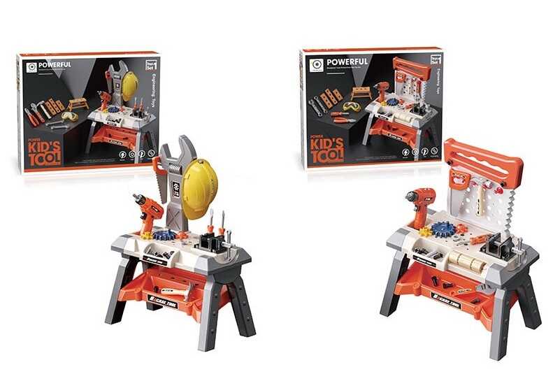 Набір інструментів 8803-1 / 8804-1 (12) 2 види, 63 деталі, майстерня, підсвічування, шуруповерт на батарейках, каска, окуляри, стілець, в коробціі