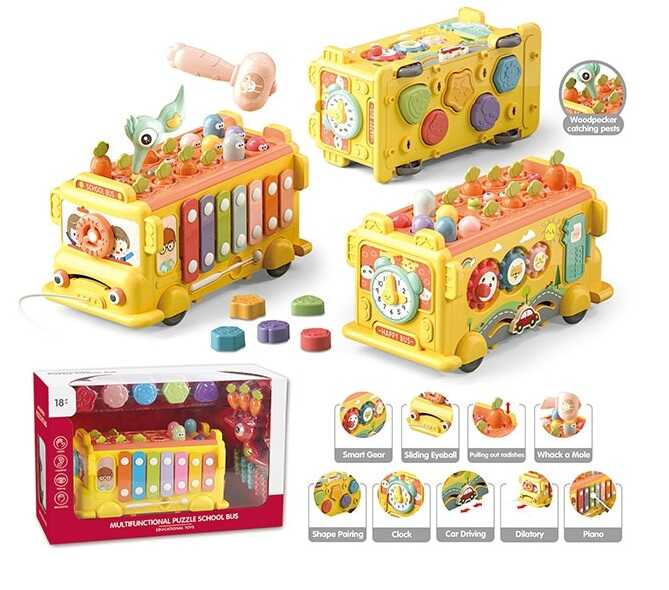 Розвивальна гра YL 221 A (24) “Шкільний автобус”, ксилофон, пальчикові ігри, стукалка, магнітні черв’ячки, сортер, в коробці