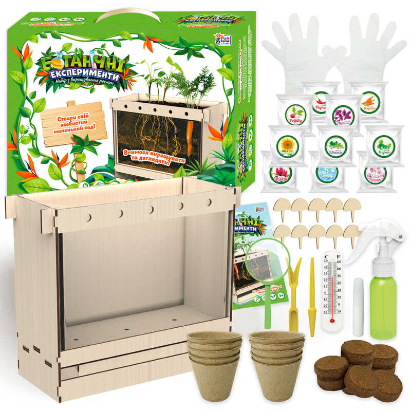 гр Ботанічні експерименти 70228 (6) "4FUN Game Club", ґрунт, бокс, рукавички, клей, садові інструменти, термометр, таблички, насіння, інструкція, в коробці