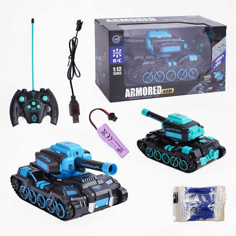 Танк на радіокеруванні 999 D-1 (24) 2 кольори, підсвічування, акумулятор 3.7 V, пульт 49 MHz, стріляє орбізами, орбізи, дріт для підзаряджання, в коробці