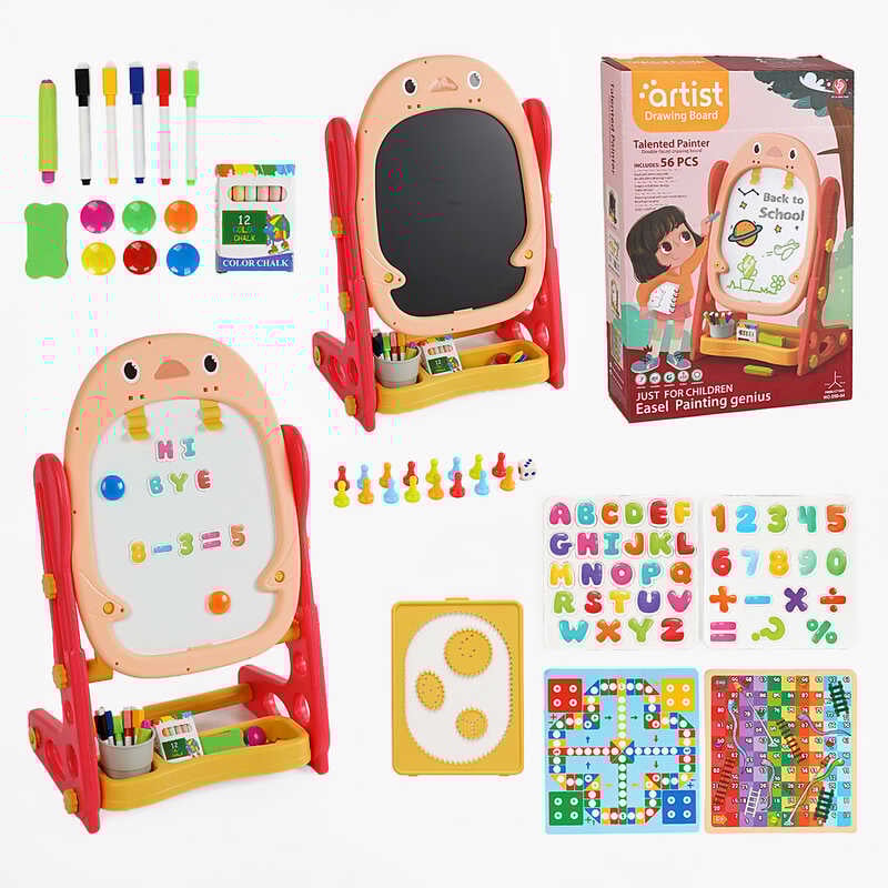 Мольберт 050-54 (18) двосторонній, крейда, маркери, стиранка, магніти, настільні ігри, фішки, в коробці