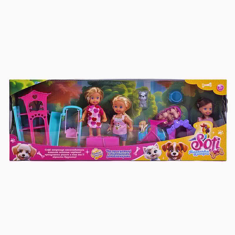 Набір ляльок Sofi 71630 (36/2) “На прогулянці з домашніми улюбленцями”, 3 ляльки, дитячий майданчик, 5 тваринок, аксесуари, висота ляльки 11 см, в коробці