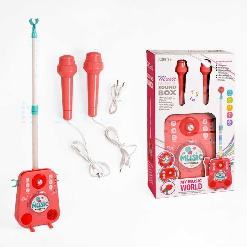 Караоке 1092 (18/2) підсвічування, 2 мікрофони, дитячі мелодії, підключення до MP3, регулювання гучності, функція запису, зміна голосу, мільтимедійний кабель 3.5 мм, в коробці