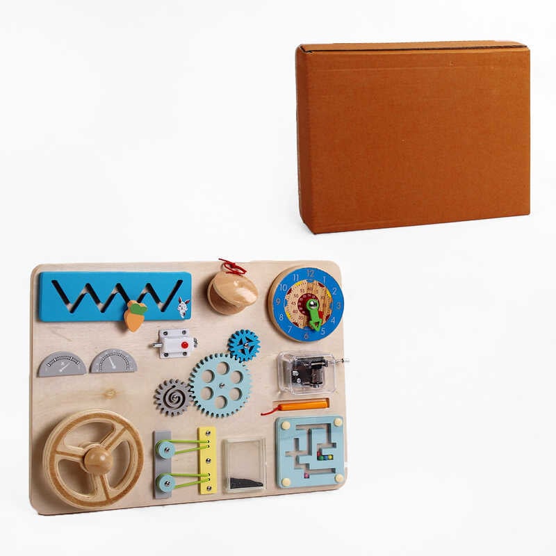 Бізіборд C 61700 (8) дерево, 11 ігор, кермо, пальчиковий лабіринт, годинник, магнітний олівець, музична скринька, в коробці