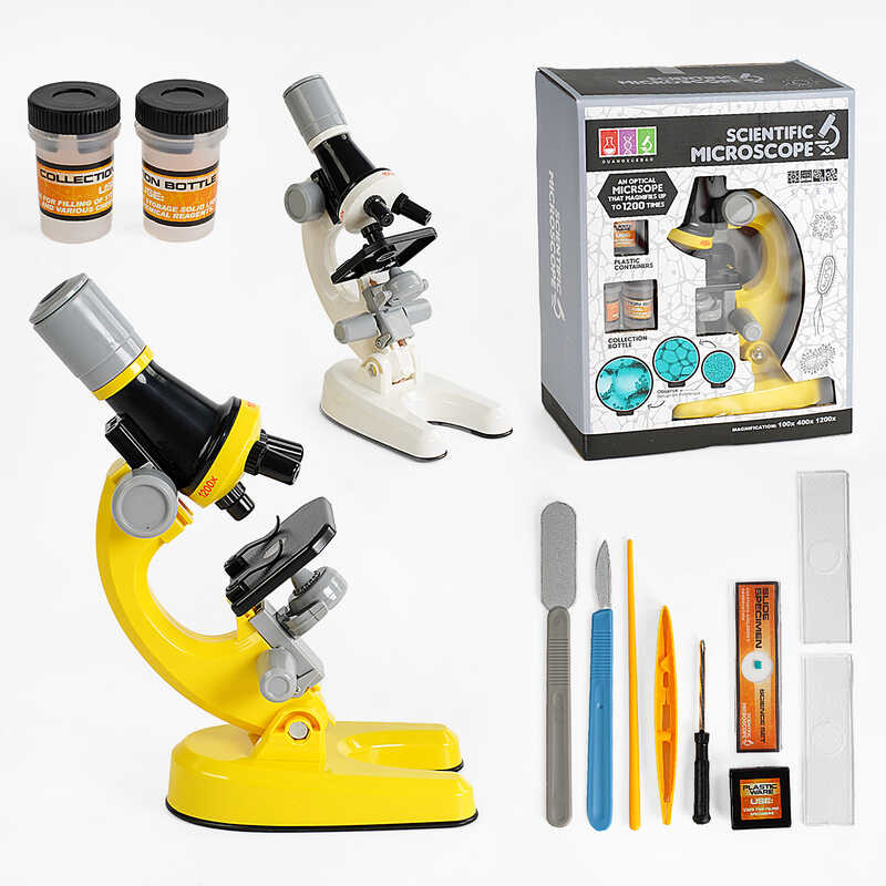 Мікроскоп 1012 A-1 (48/2) 2 кольори, підсвічування, скельця та пляшечки для зразків, інструменти, викрутка, інструменти, в коробці