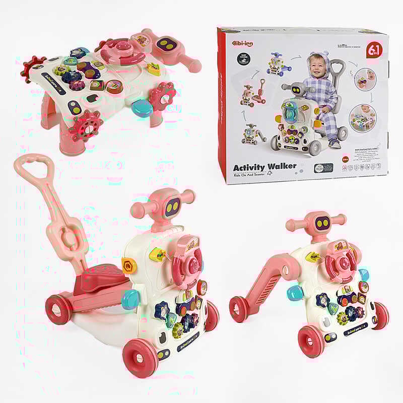 Каталка 6038 (5) рожева, 6 в 1, трансформується у толокар, батьківська ручка, звуки, мелодії, підсвічування, пискавка, геометричний сортер, шестерні, в коробці