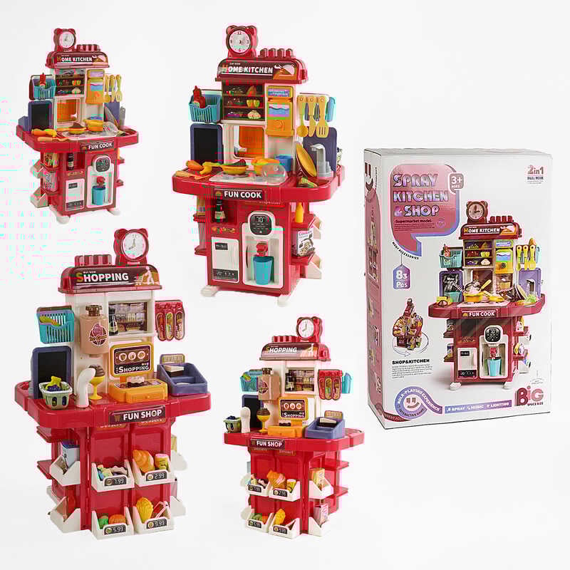 Кухня і супермаркет L 666-88 (4) 83 елементи, висота - 77 см, звук, підсвічування, кулер, холодильник, генератор льоду, пара, ллється вода з крана, посуд, сканер, продукти, в коробці