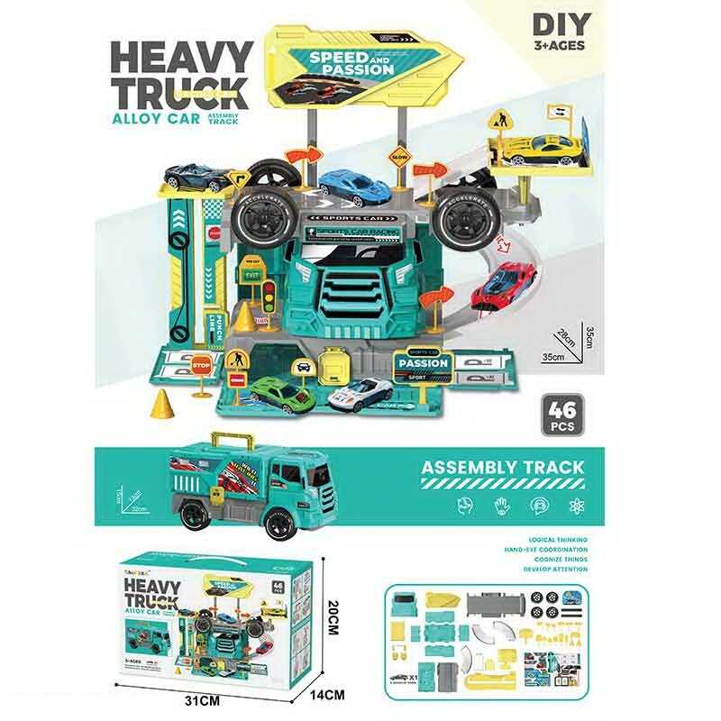 Трек 6665 (36/2) 46 елементів, складається у вантажівку, металопластикова машинка, механічний ліфт, наліпки, в коробці