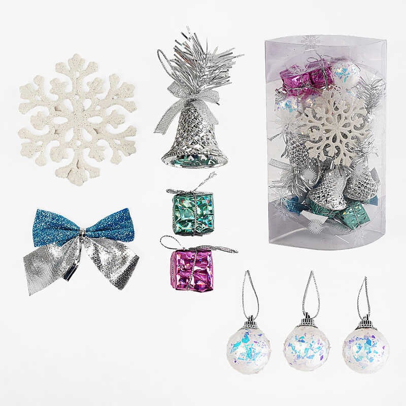 Новорічні прикраси C 67443 (180) 24 штуки, кульки, дзвіночки, подарунки, сніжинки, у слюді