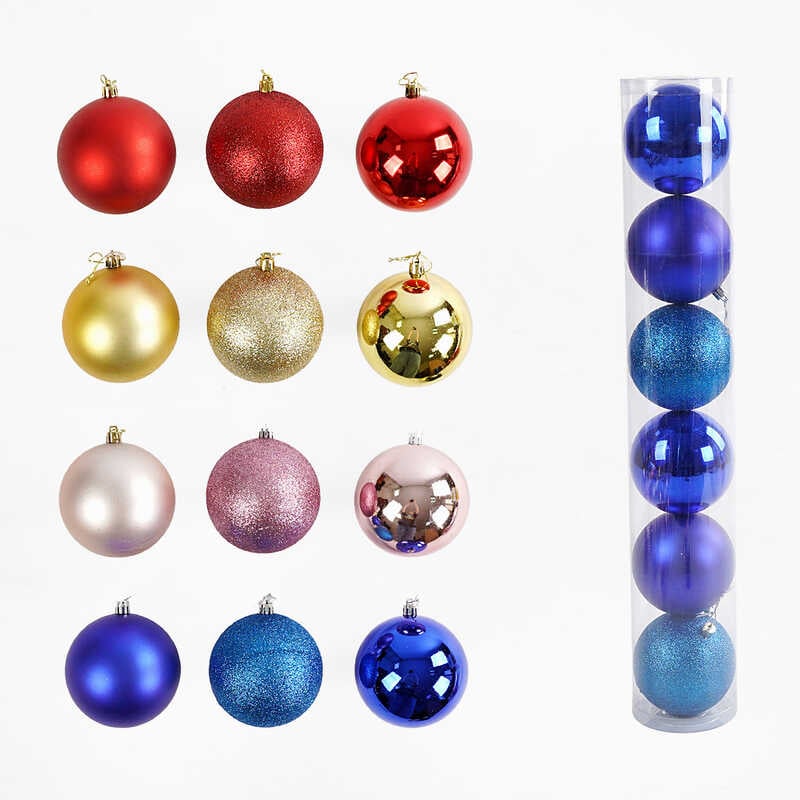 Новорічні прикраси C 67756 (24) 4 види, 6 штук, кульки, D= 9 см, у слюді, ВИДАЄТЬСЯ МІКС ВИДІВ