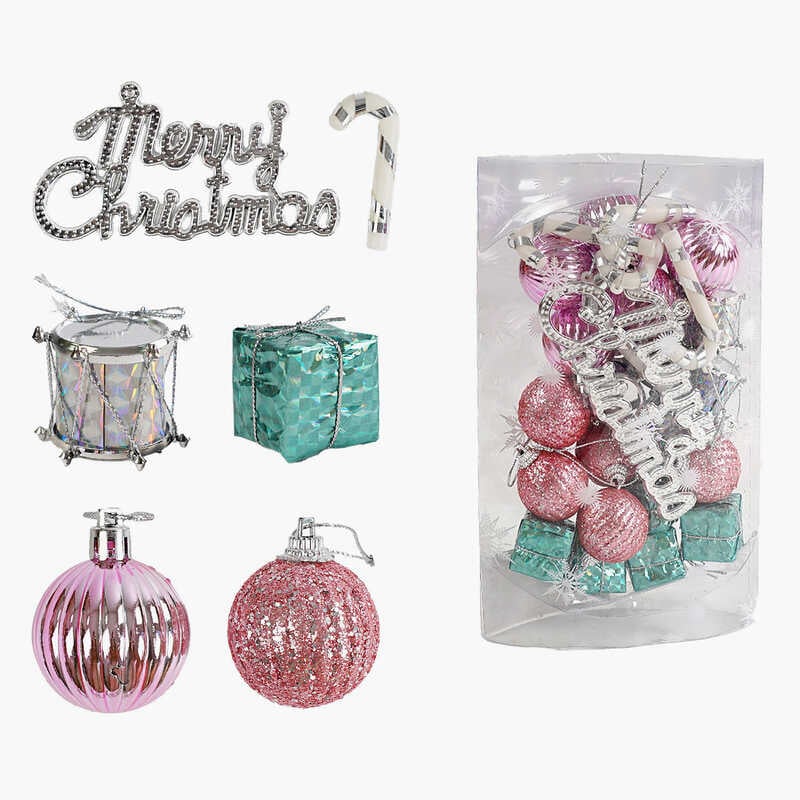 Новорічні прикраси C 67440 (120) 25 штук, кульки, подарунки, барабани, D=4 см, у слюді