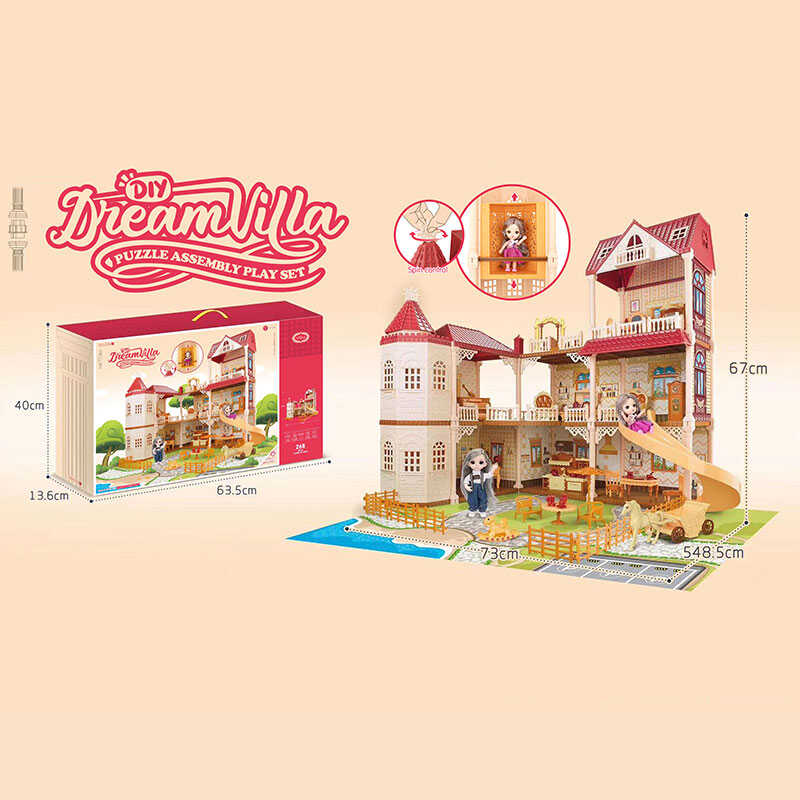 Будиночок VC 6036 (6) 268 деталей, механічний ліфт, 2 ляльки, рухомі частини тіла,  фігурка тварини, меблі, музичний інструмент, посуд, в коробці