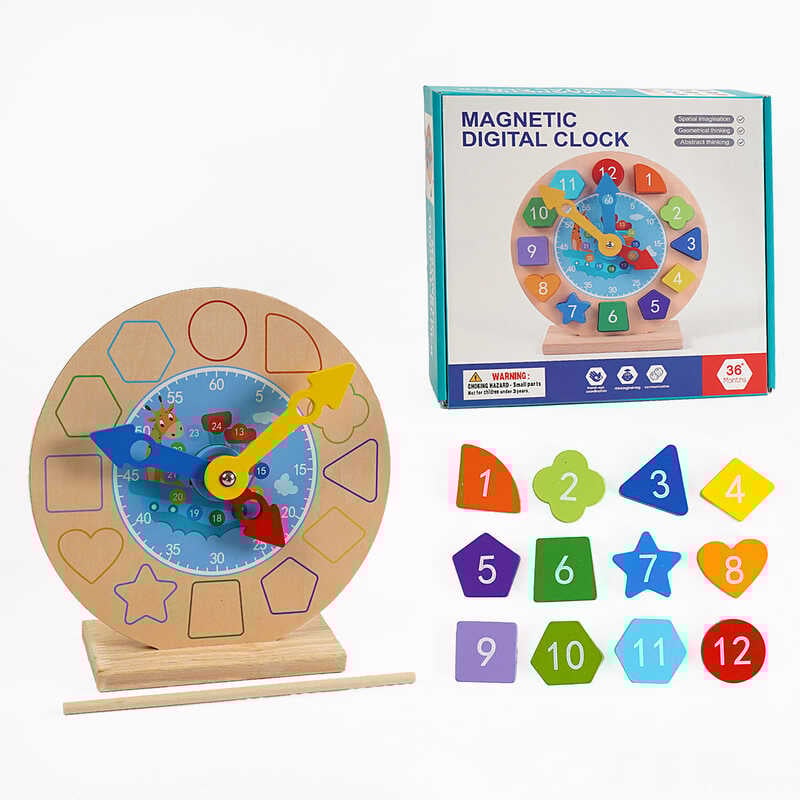 Годинник С 68300 (32) дерев'яний, рухомі стрілки, магніти, пронумеровані фігурки, паличка 