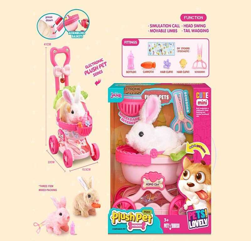 Кролик MC 1083 (18) інтерактивна іграшка, візочок, кролик рухається, звук, пискавка, аксесуари, в коробці