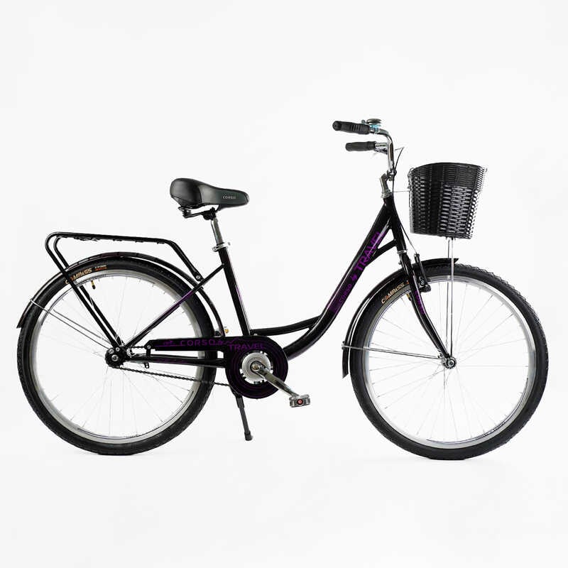Велосипед міський Corso «TRAVEL» 26`` TL-26523 + КОШИК (1) ТЕМНО-ФІОЛЕТОВИЙ, одношвидкісний, сталева рама 16.5``, корзина, багажник