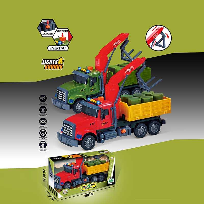 Машина музична 687-48 B (24/2) 2 кольори, "Вантажівка", підсвічування, звукові ефекти, механічне підіймання стріли, інерція, рухомі деталі, бочки, в коробці, ВИДАЄТЬСЯ МІКС ВИДІВ