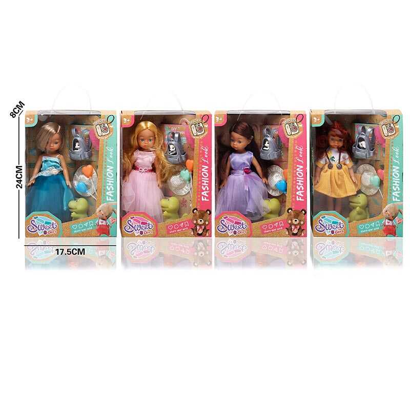 Лялька LK 2504 (96/2) 4 види, 20 см, гумова, імітація скляних очей, взуття, аксесуари, улюбленці, в коробці, ВИДАЄТЬСЯ ТІЛЬКИ МІКС ВИДІВ