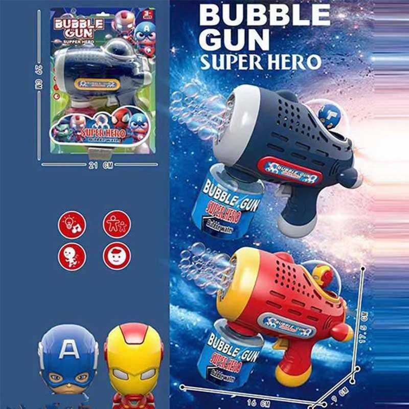 Пістолет з мильними бульбашками YD 707 A (72/2) 2 види, підсвічування, мелодія, автоматичний, пляшечка з мильним розчином, фігурка героя, в коробці