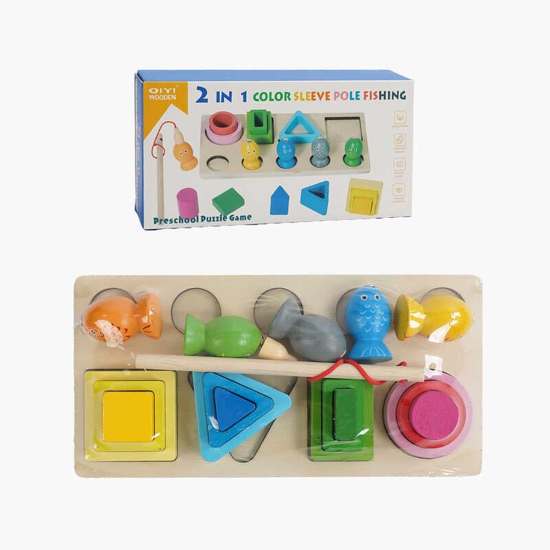 Логічна гра C 68834 (80) 2 в 1, дерев'яна, магнітна риболовля, сортування фігурок, ігрова платформа, рибки, вудка, геометричні фігури, в коробці 