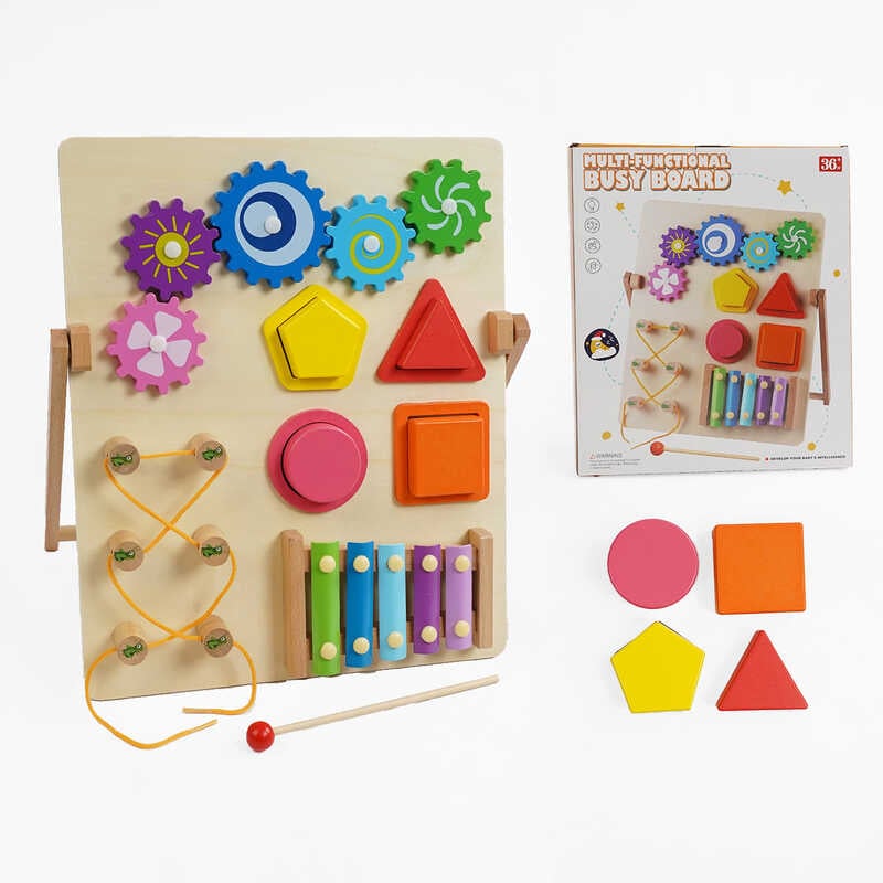 Бізіборд C 68837 (24) дерев'яний, ксилофон, сортер, шнурівка, шестерінки, в коробці 