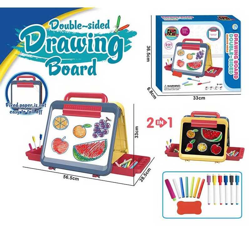 Дошка для малювання YM 65 (24/2) двостороння: малювання маркерами та крейдою, 6 маркерів “пиши-витирай”, кольорова крейда, губка, тримач для крейди, в коробці