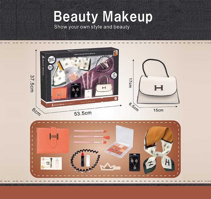 Набір косметики S 5 (24) губна помада, тіні для повік, пензлики для макіяжу, прикраси, шарф, шпилька та обруч для волосся,  гаманець, пробник парфумів, сумочка, в коробці