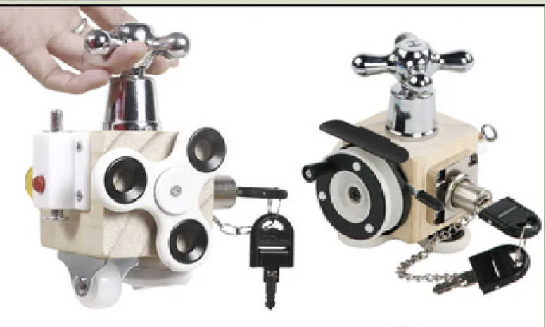 Бізіборд C 64876 (60) дерев’яний куб, 7 міні-ігор, вмикач, замок, кран, спінер, колесо, в коробці 