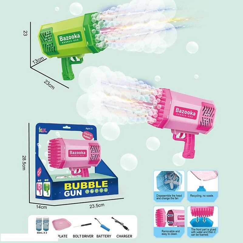 Пістолет з мильними бульбашками 456-2 (36) підсвічування, акумулятор 3.7V, 2 пляшечки з мильним розчином, USB-кабель, посудина, в коробці