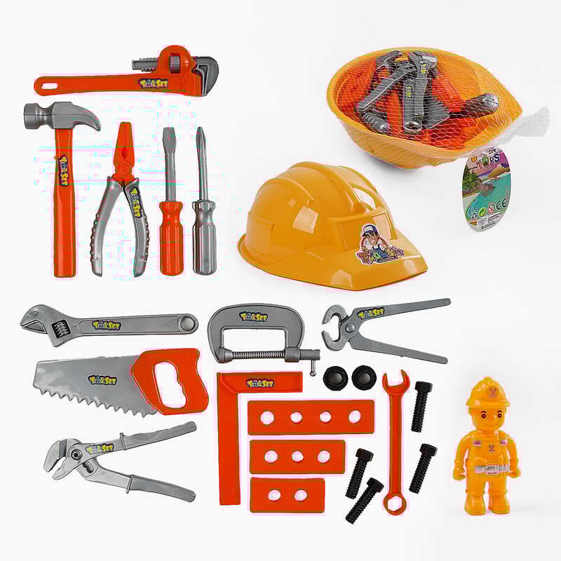 Набір інструментів 1399-15 (120/2) каска, фігурка ремонтувальника, викрутка, гайковий ключ, плоскогубці, молоток, пила, лінійка, в сітці