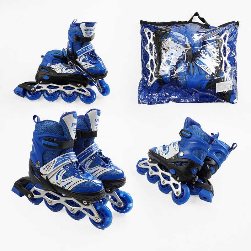 Ролики 69701-L /розмір 39-43/ колір – СИНІЙ (6) колеса PU, устілка 24-27 см, ПЕРЕДНЄ КОЛЕСО СВІТЛО, d – 6.5 см, в сумці